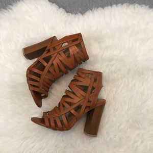 Bamboo Orange Tan Stacked Heel Zip Back Sandal